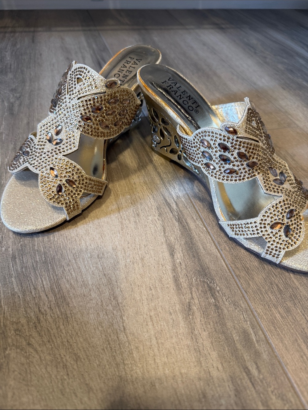 Valenti Franco Gold Jeweled Cutout Wedge Mules